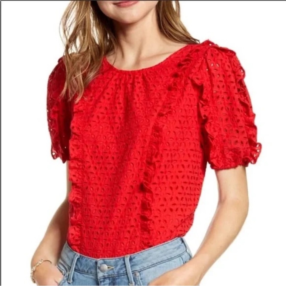 NEW Rachel Parcell Red Eyelet Ruffle Top with Short Sleeves